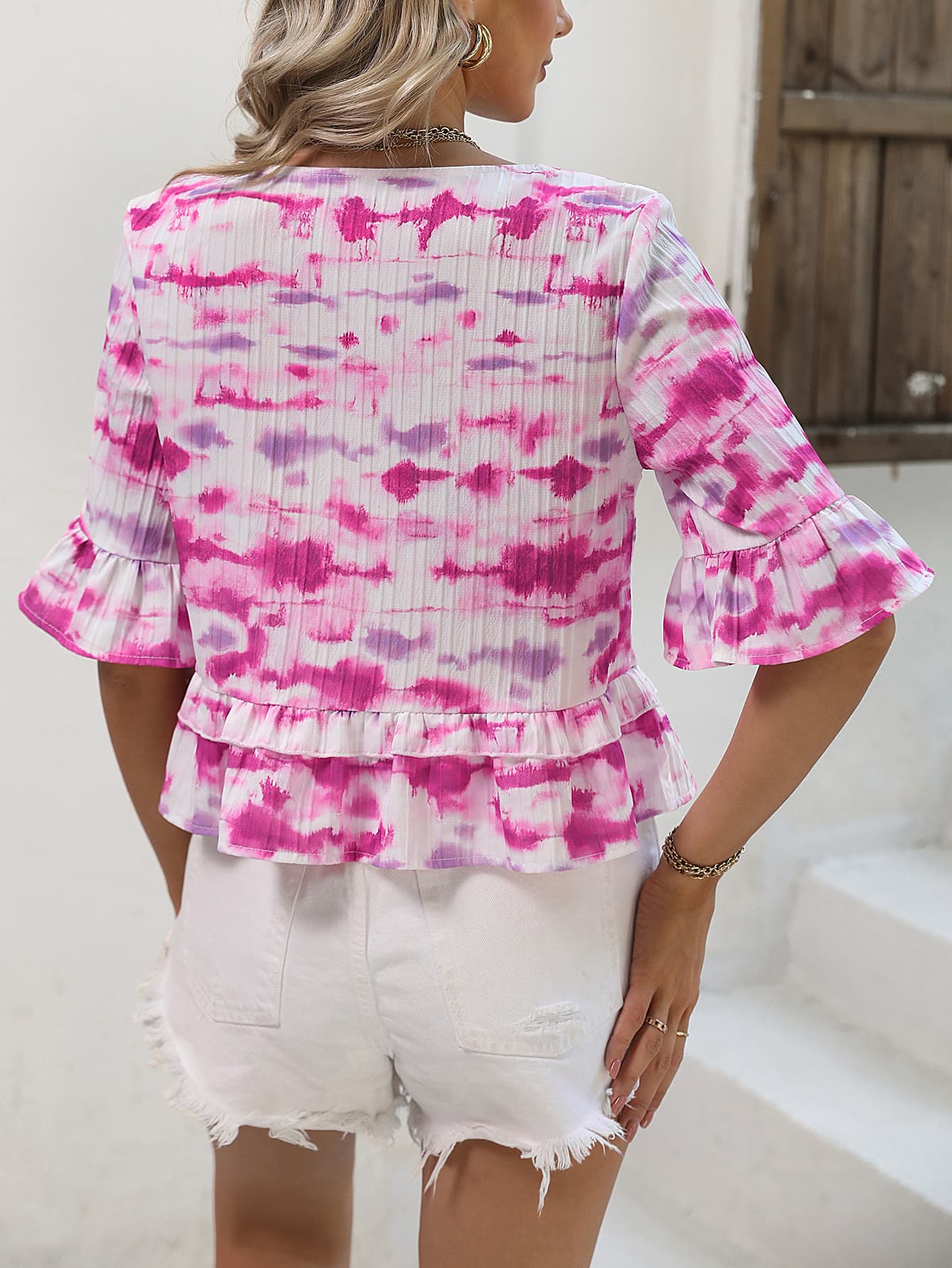 Tie-Dye V-Neck Peplum Top Print on any thing USA/STOD clothes