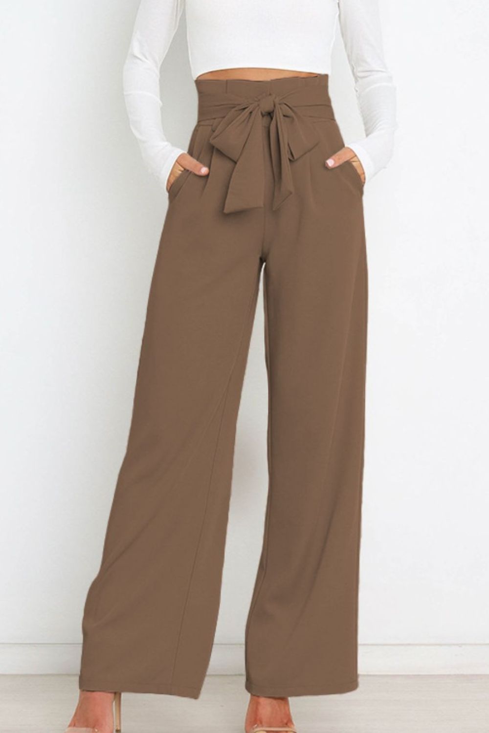 Tie Front Paperbag Wide Leg Pants Print on any thing USA/STOD clothes