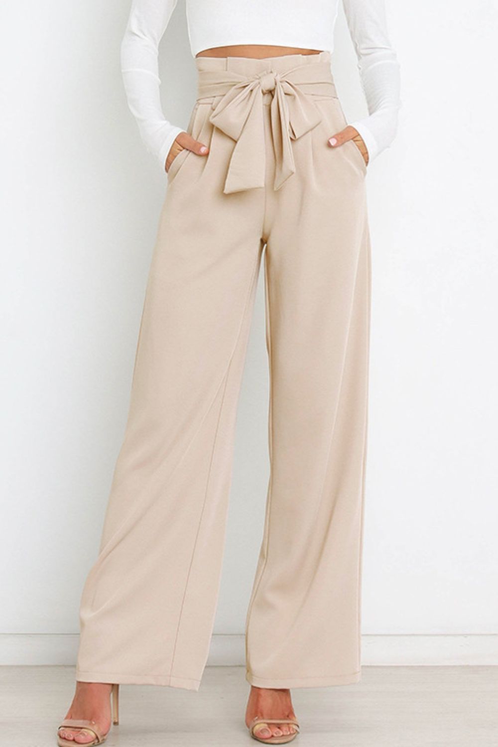 Tie Front Paperbag Wide Leg Pants Print on any thing USA/STOD clothes