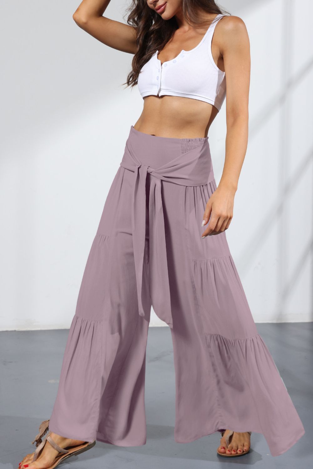 Tie Front Smocked Tiered Culottes Print on any thing USA/STOD clothes