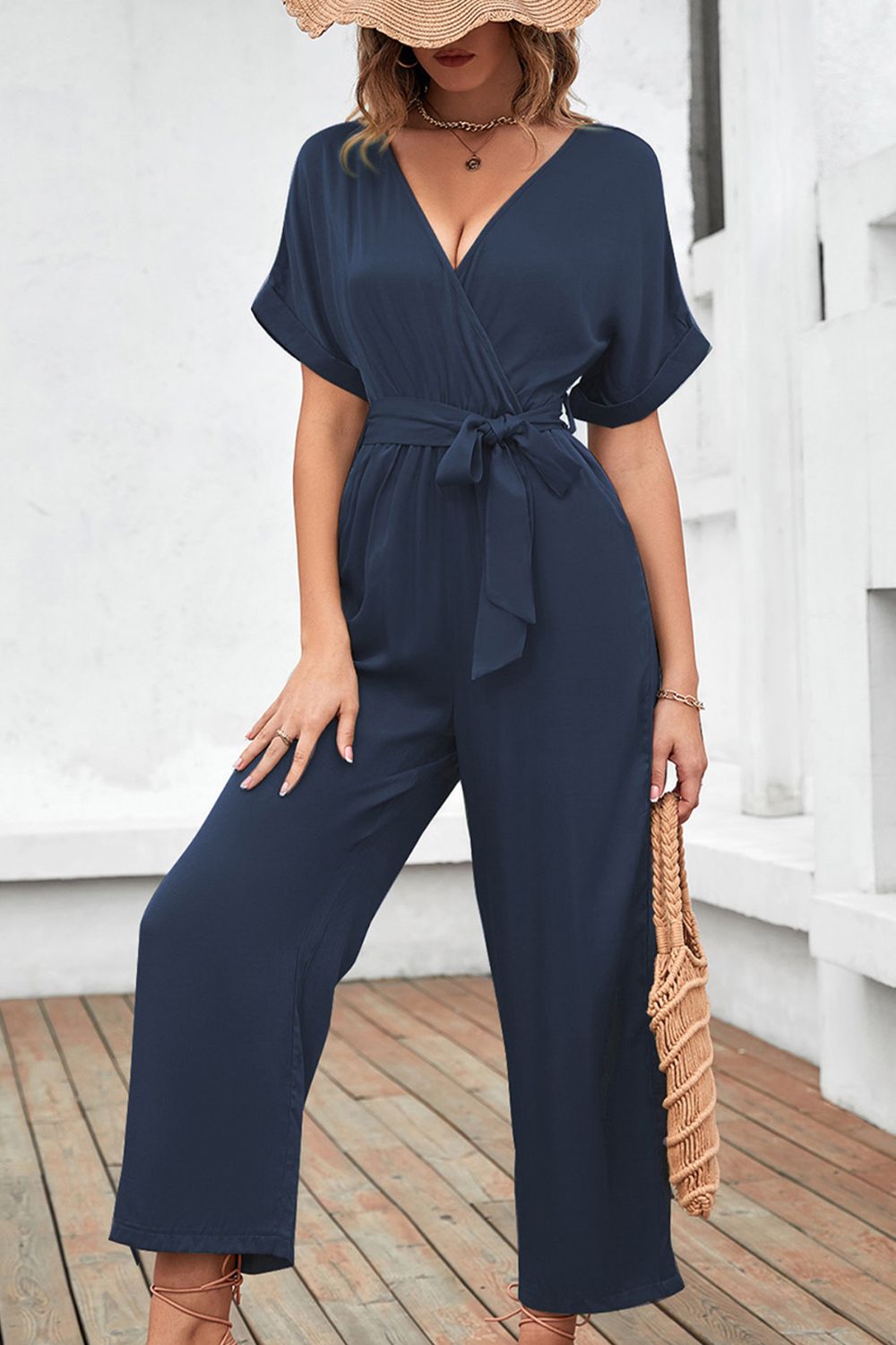 Tie Waist Surplice Wide Leg Jumpsuit Print on any thing USA/STOD clothes