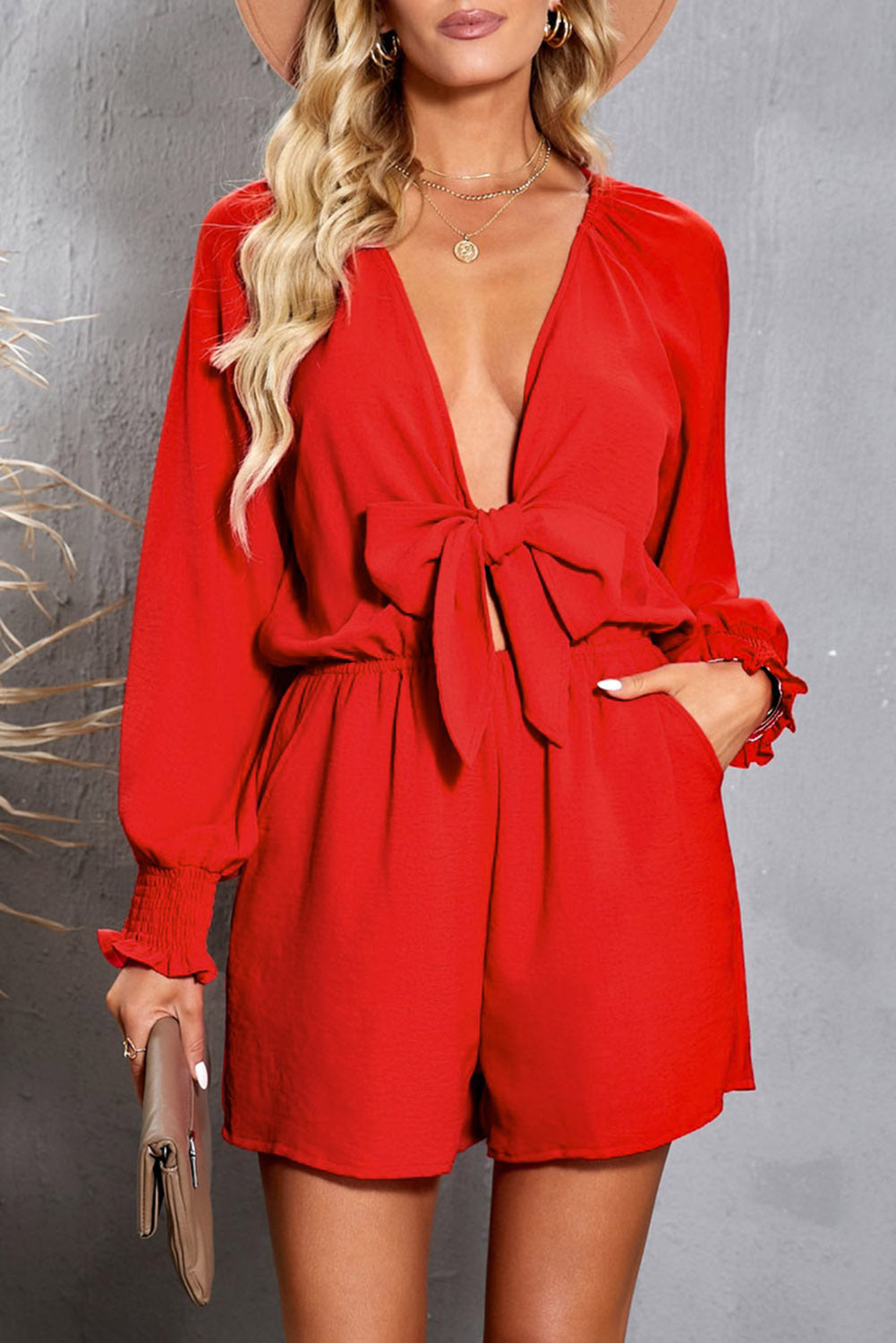 Tied Flounce Sleeve Plunge Romper Print on any thing USA/STOD clothes