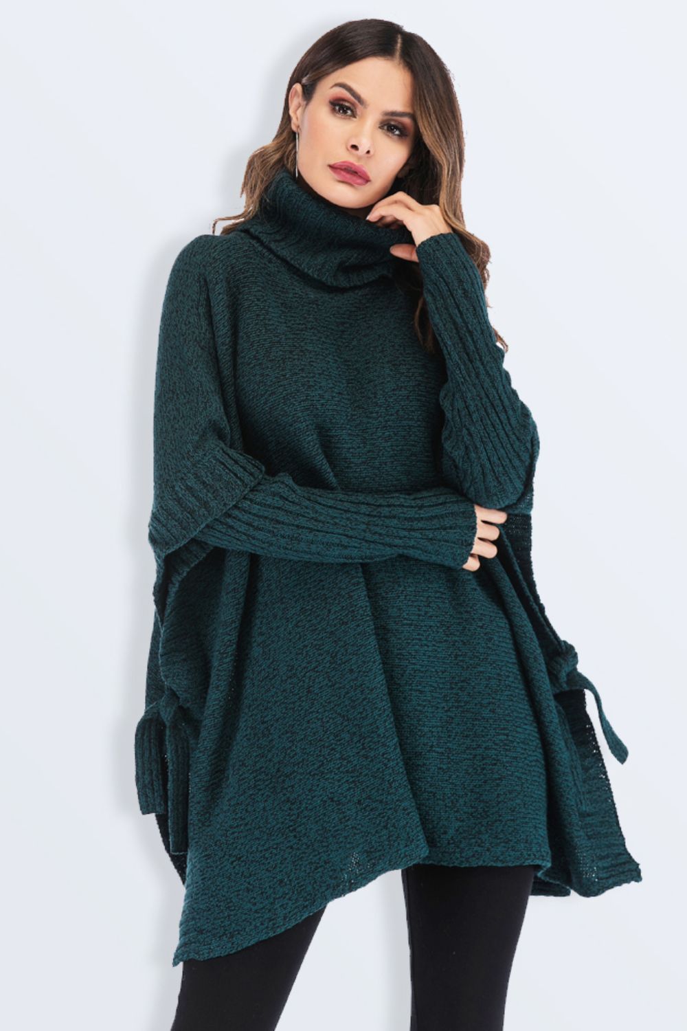 Tied Turtleneck Asymmetrical Hem Sweater Print on any thing USA/STOD clothes