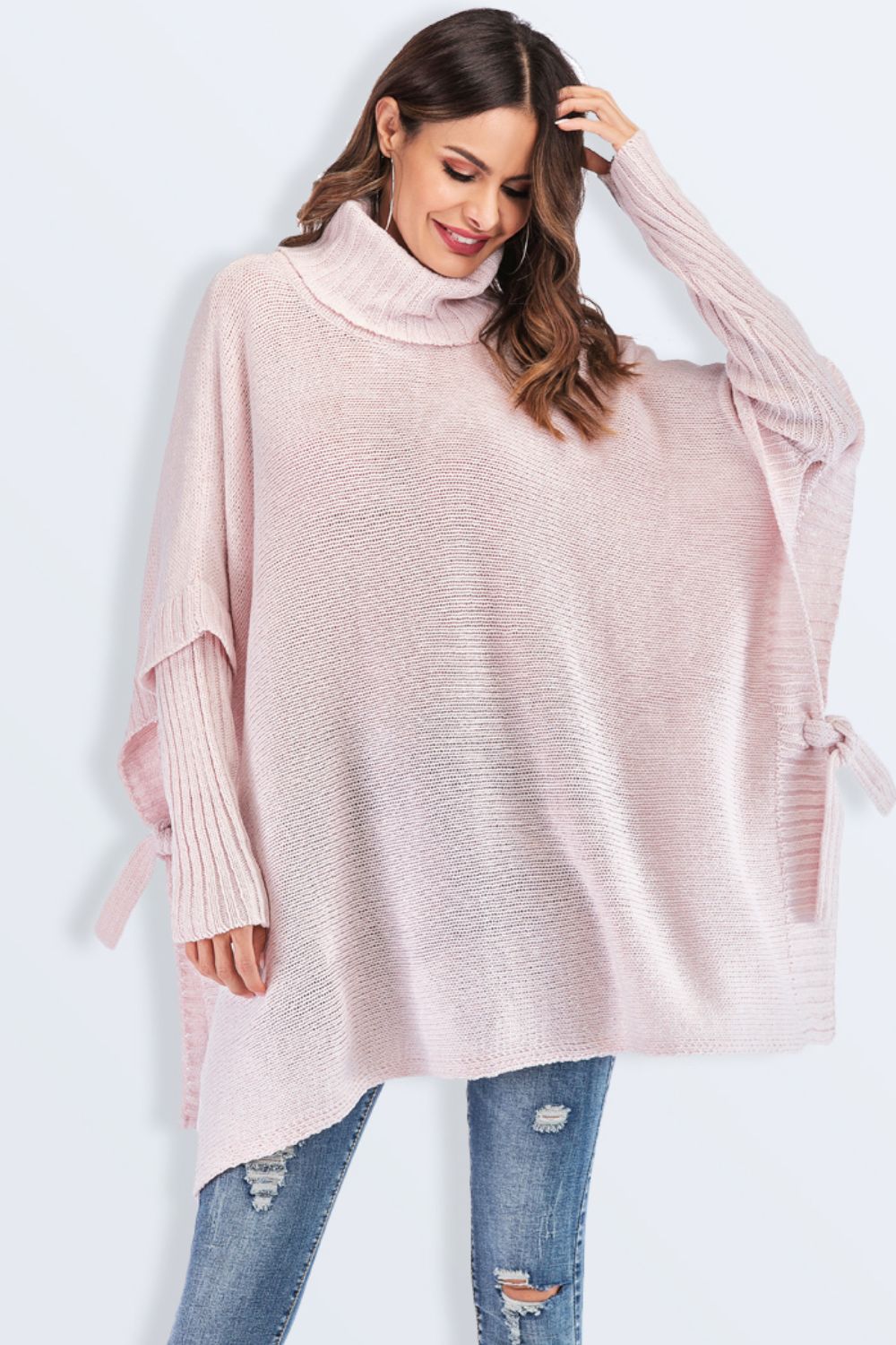 Tied Turtleneck Asymmetrical Hem Sweater Print on any thing USA/STOD clothes
