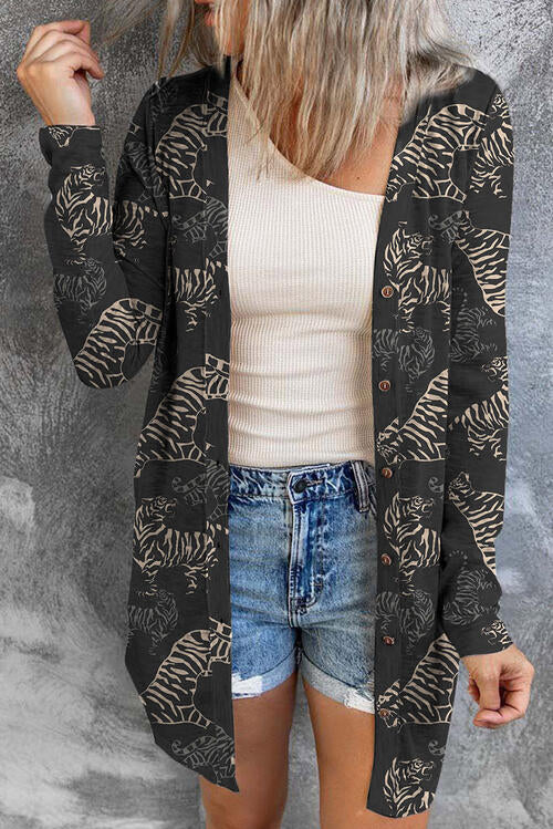 Tiger Print Button Up Long Sleeve Cardigan Print on any thing USA/STOD clothes