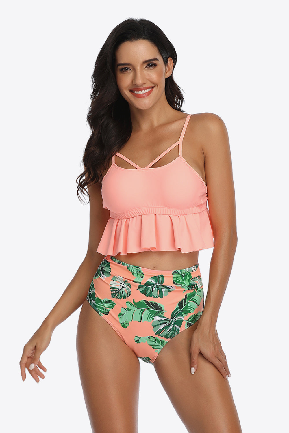 Tropical Print Ruffled Two-Piece Swimsuit Print on any thing USA/STOD clothes