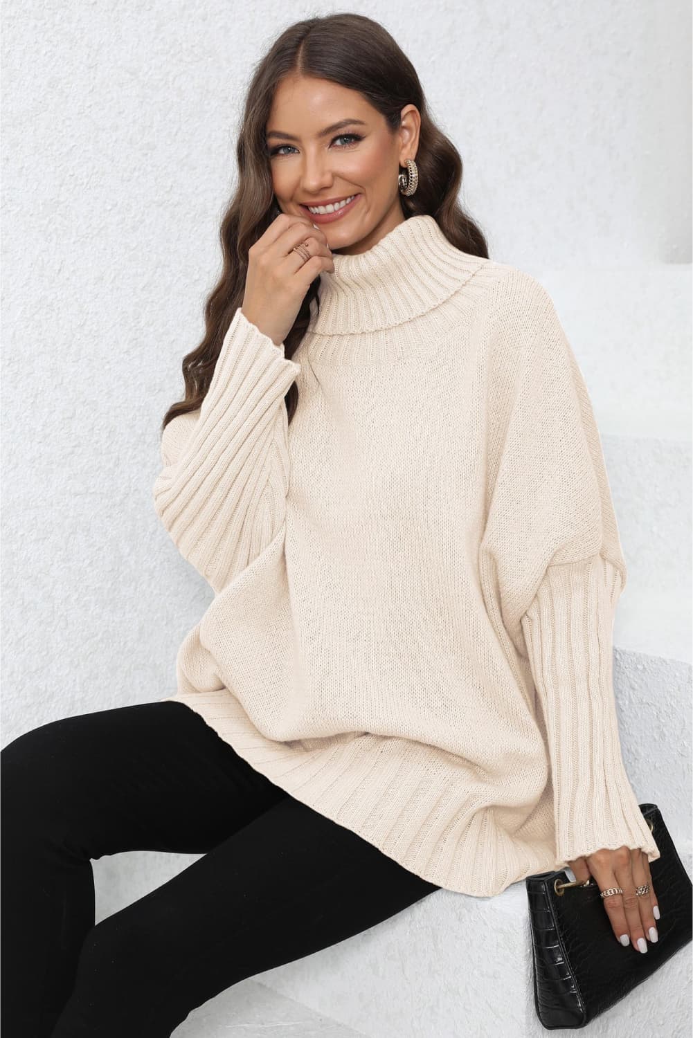 Turtle Neck Long Sleeve Ribbed Sweater Print on any thing USA/STOD clothes