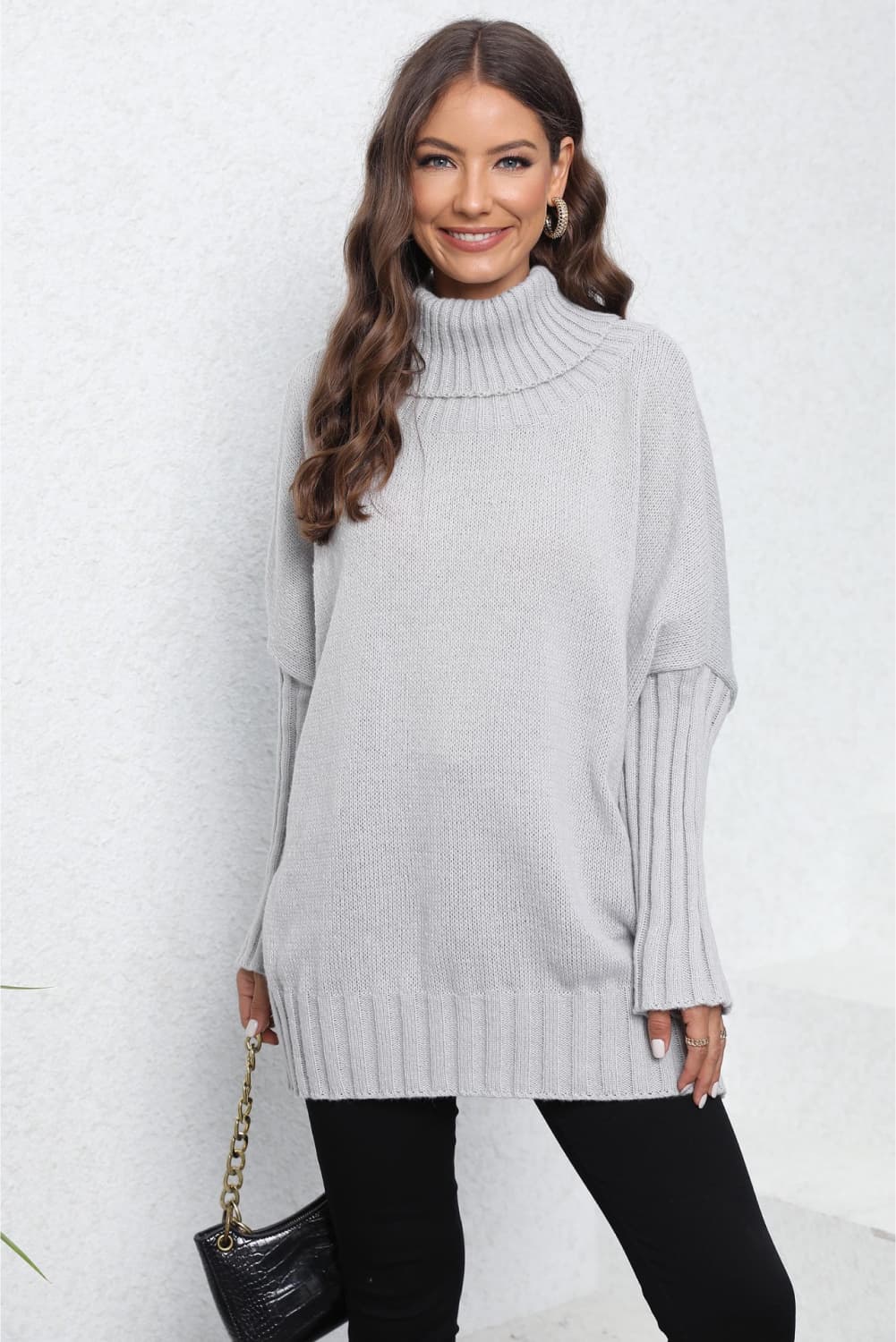 Turtle Neck Long Sleeve Ribbed Sweater Print on any thing USA/STOD clothes