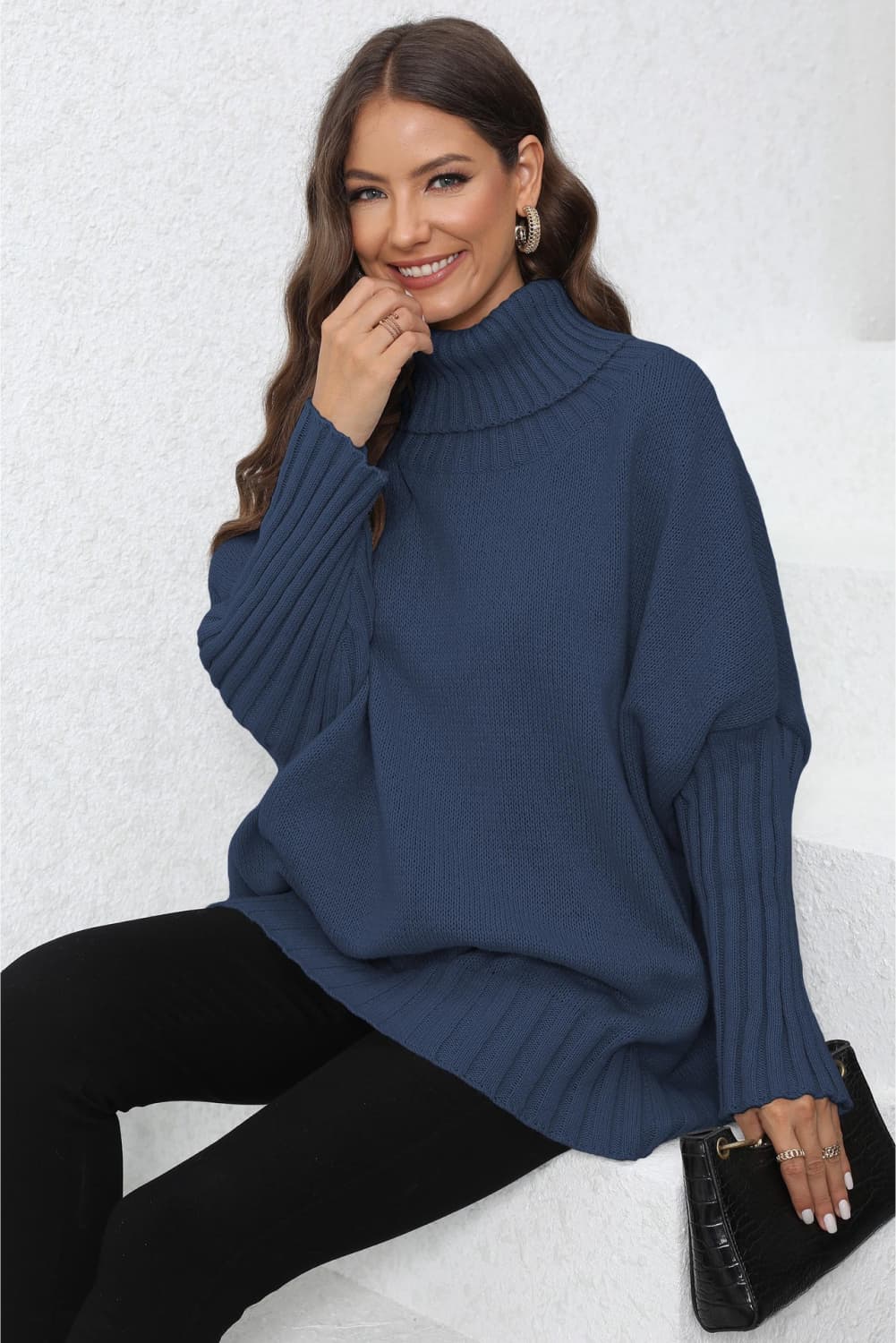 Turtle Neck Long Sleeve Ribbed Sweater Print on any thing USA/STOD clothes