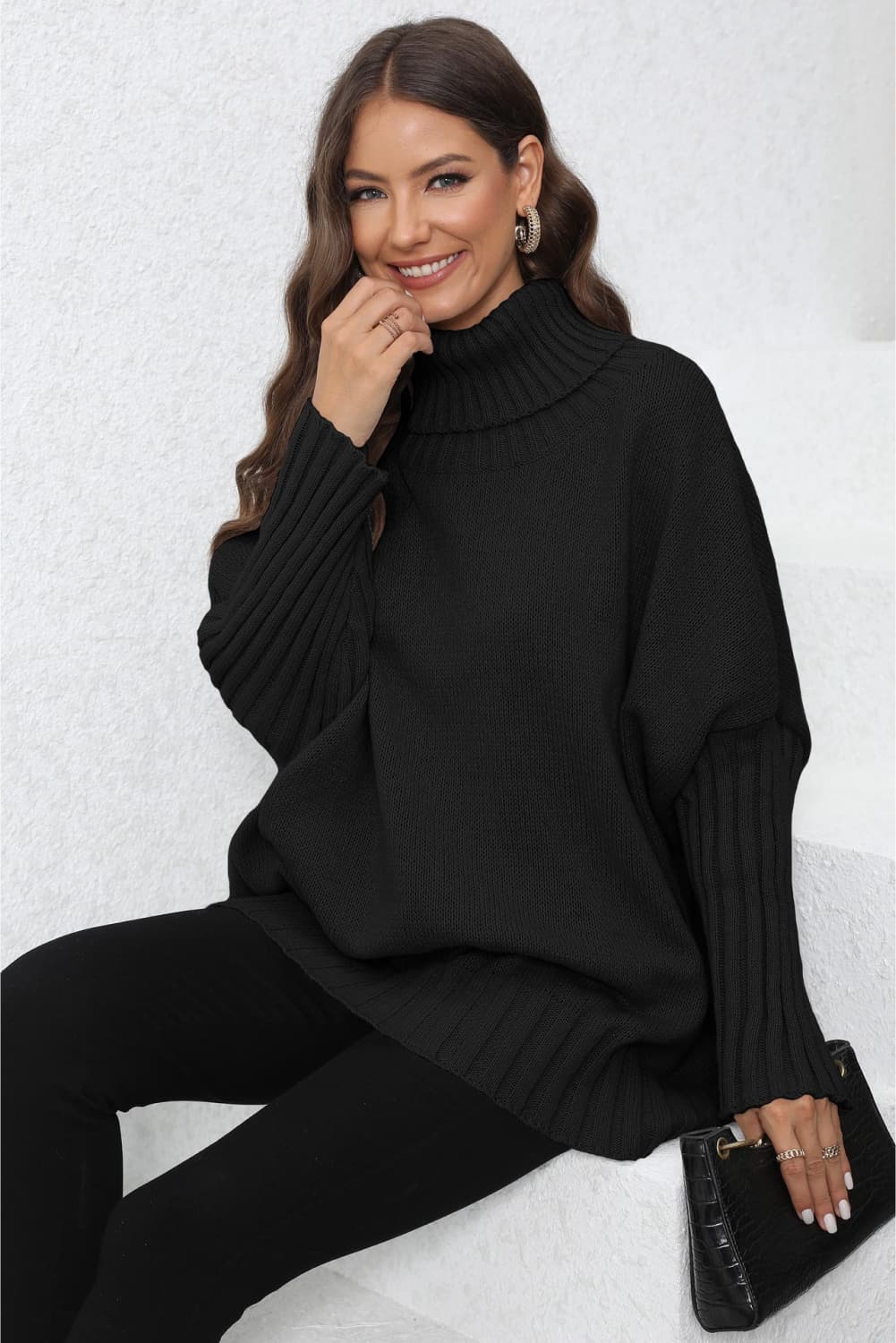 Turtle Neck Long Sleeve Ribbed Sweater Print on any thing USA/STOD clothes