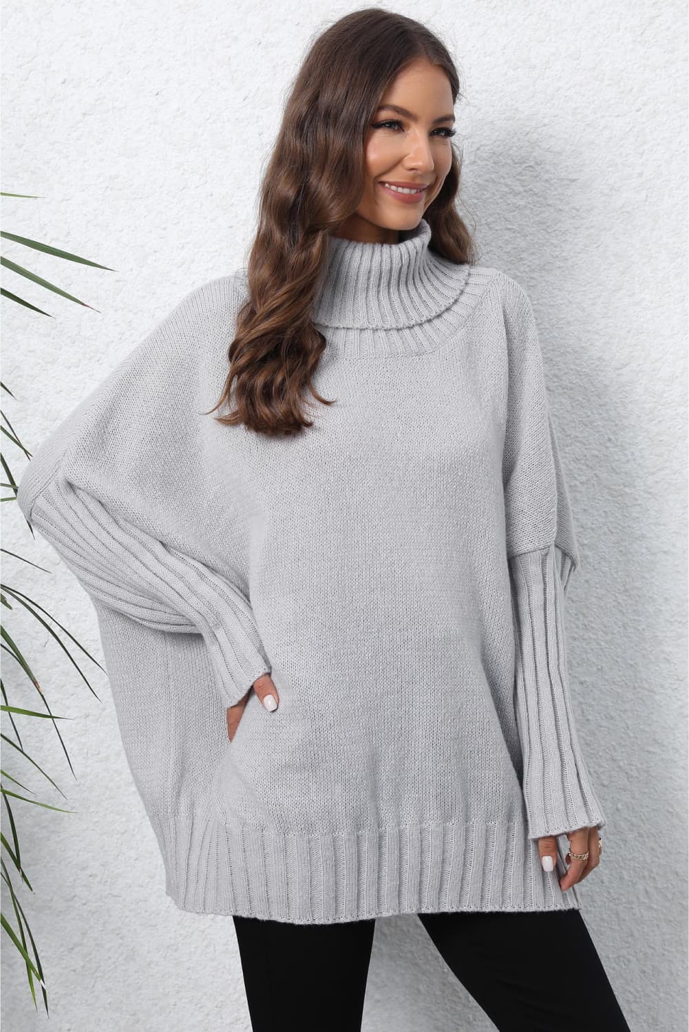 Turtle Neck Long Sleeve Ribbed Sweater Print on any thing USA/STOD clothes