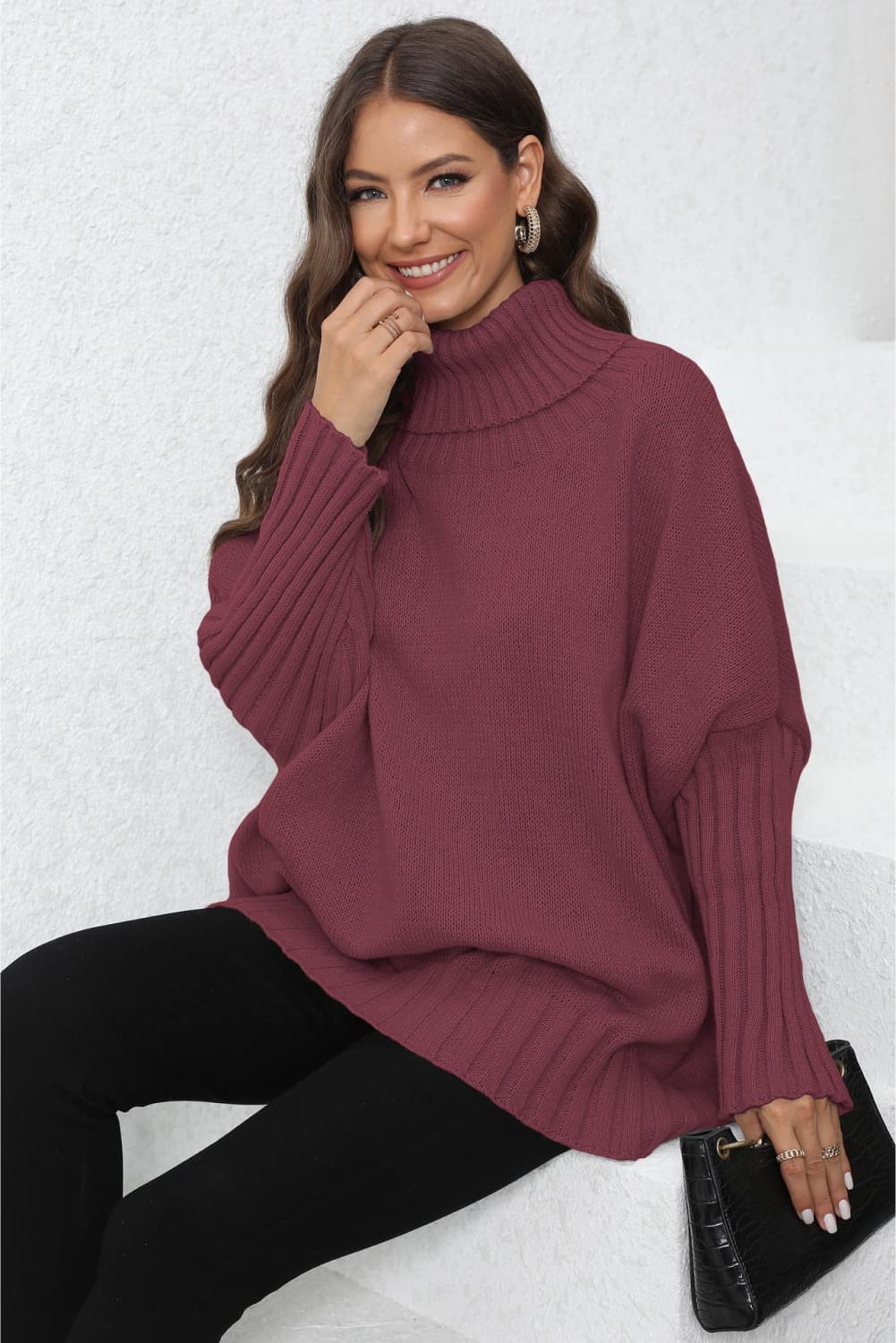 Turtle Neck Long Sleeve Ribbed Sweater Print on any thing USA/STOD clothes