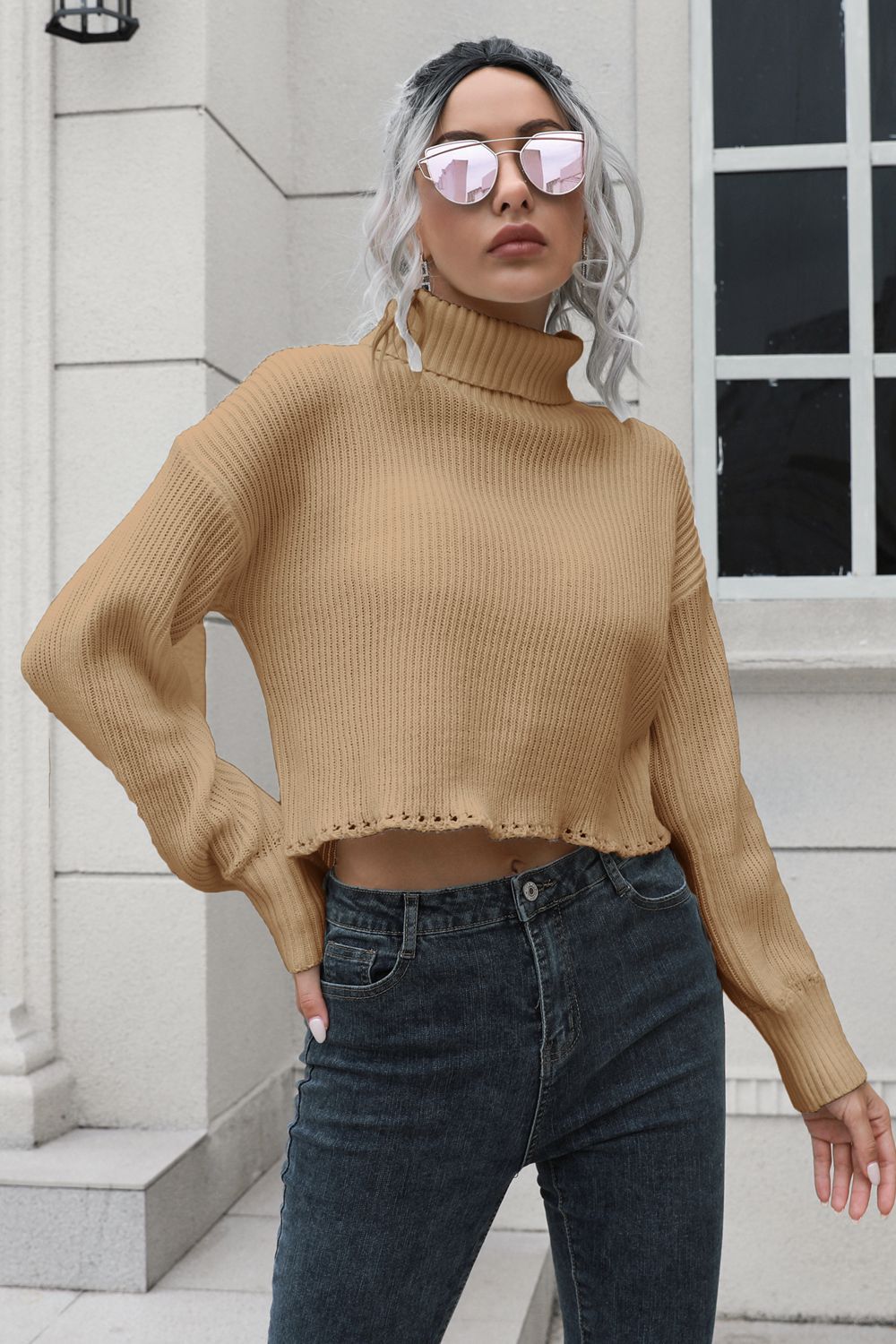 Turtleneck Dropped Shoulder Sweater Print on any thing USA/STOD clothes