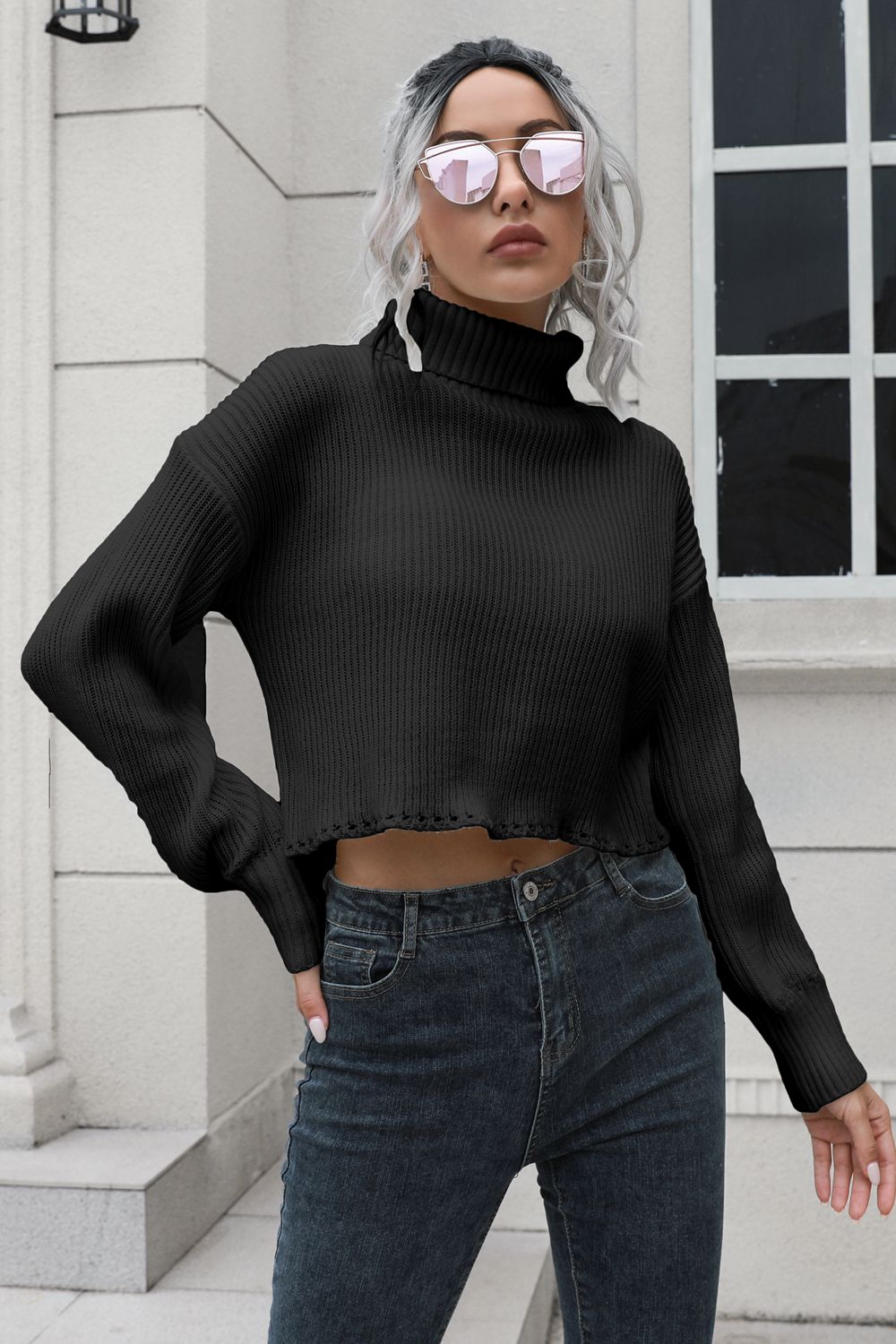 Turtleneck Dropped Shoulder Sweater Print on any thing USA/STOD clothes