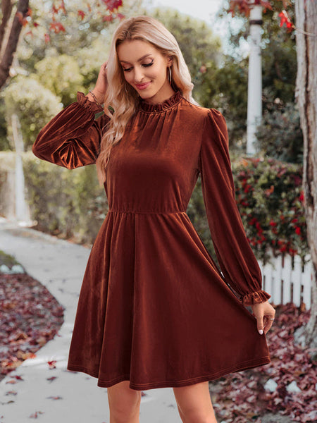 Turtleneck velvet solid color waist dress Print on any thing USA/STOD clothes