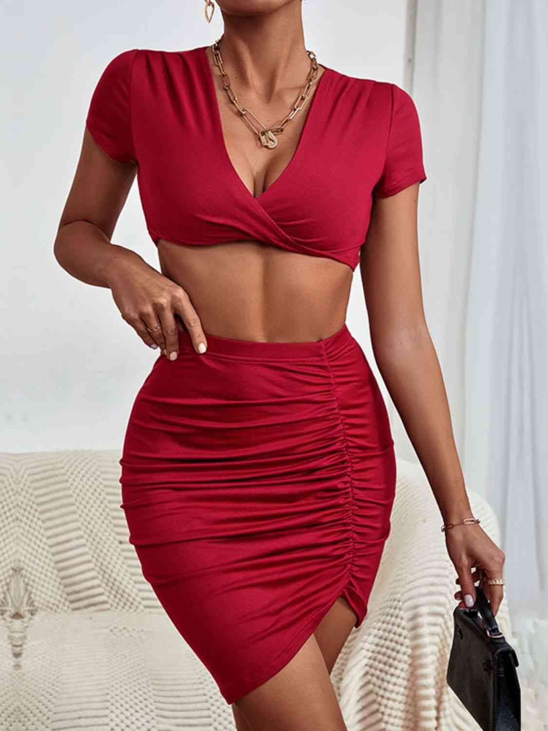 Twisted Deep V Cropped Top and Ruched Skirt Set Print on any thing USA/STOD clothes