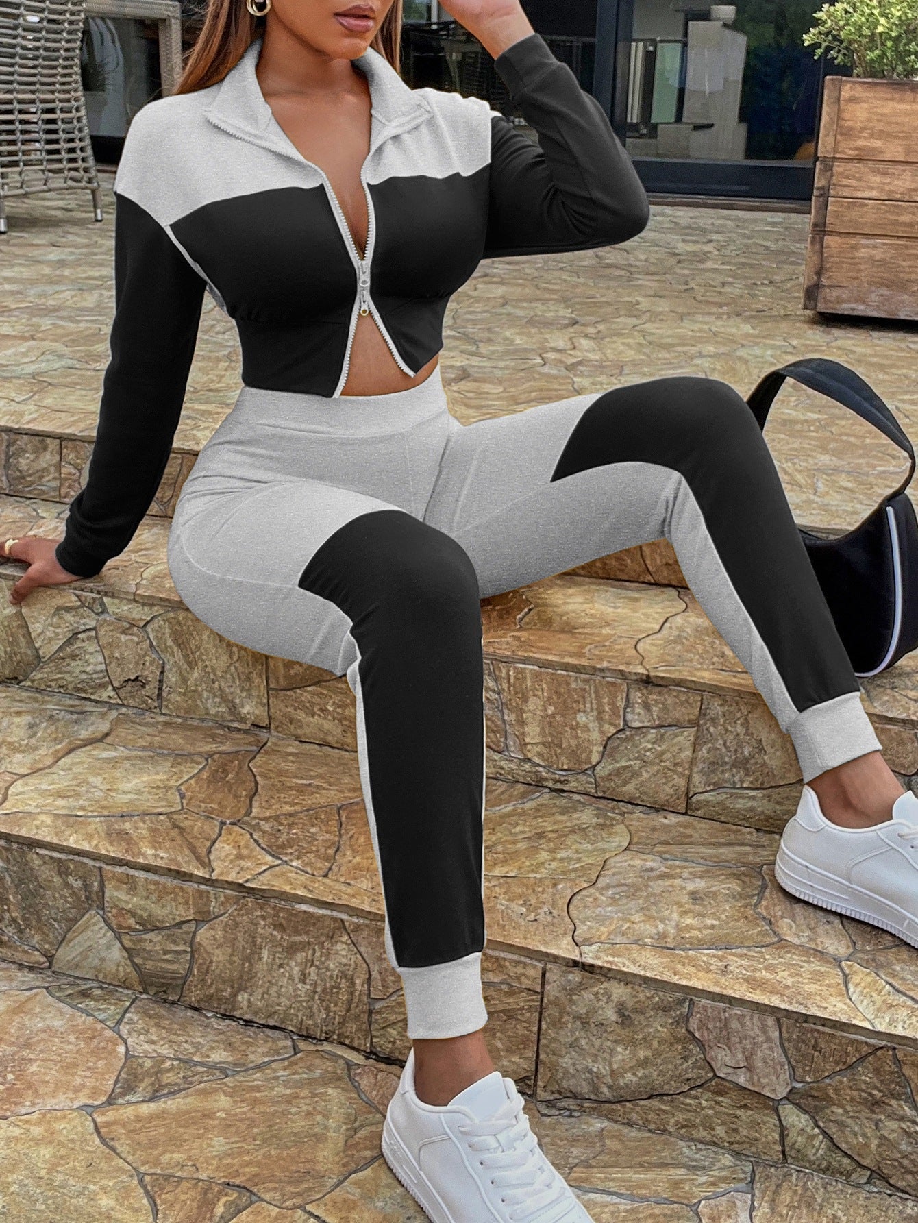 Two-Tone Collared Neck Top and Joggers Set Print on any thing USA/STOD clothes