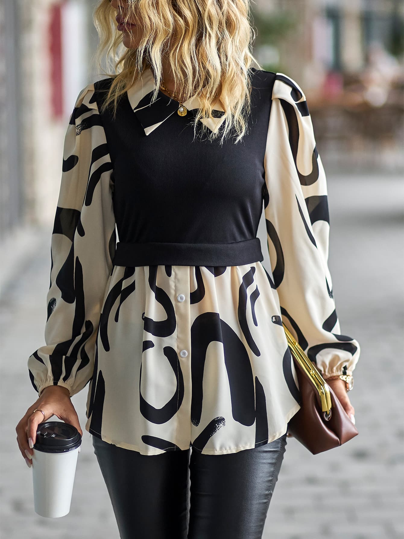 Two-Tone Long Puff Sleeve Blouse Print on any thing USA/STOD clothes