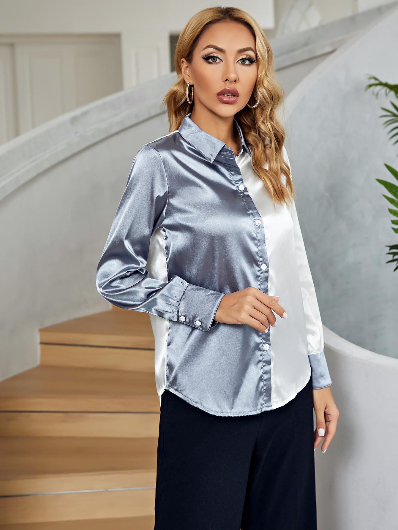 Two-Tone Long Sleeve Collared Shirt Print on any thing USA/STOD clothes