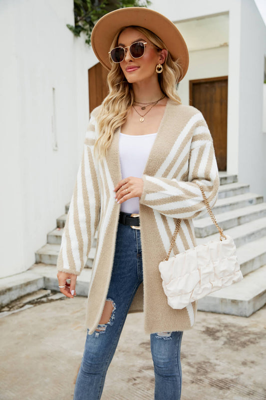 Two-Tone Open Front Fuzzy Longline Cardigan Print on any thing USA/STOD clothes