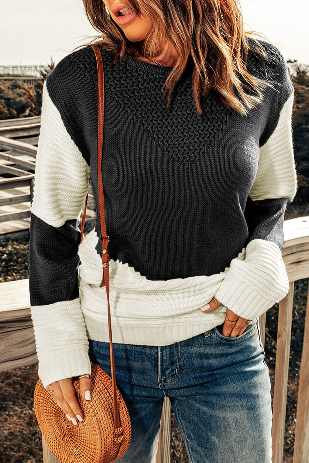 Two-Tone Openwork Rib-Knit Sweater Print on any thing USA/STOD clothes