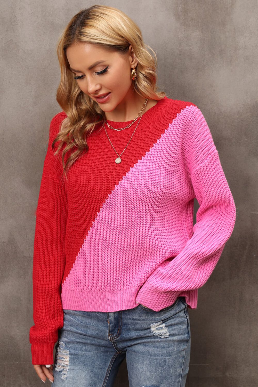 Two-Tone Round Neck Dropped Shoulder Sweater Print on any thing USA/STOD clothes