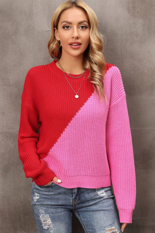 Two-Tone Round Neck Dropped Shoulder Sweater Print on any thing USA/STOD clothes