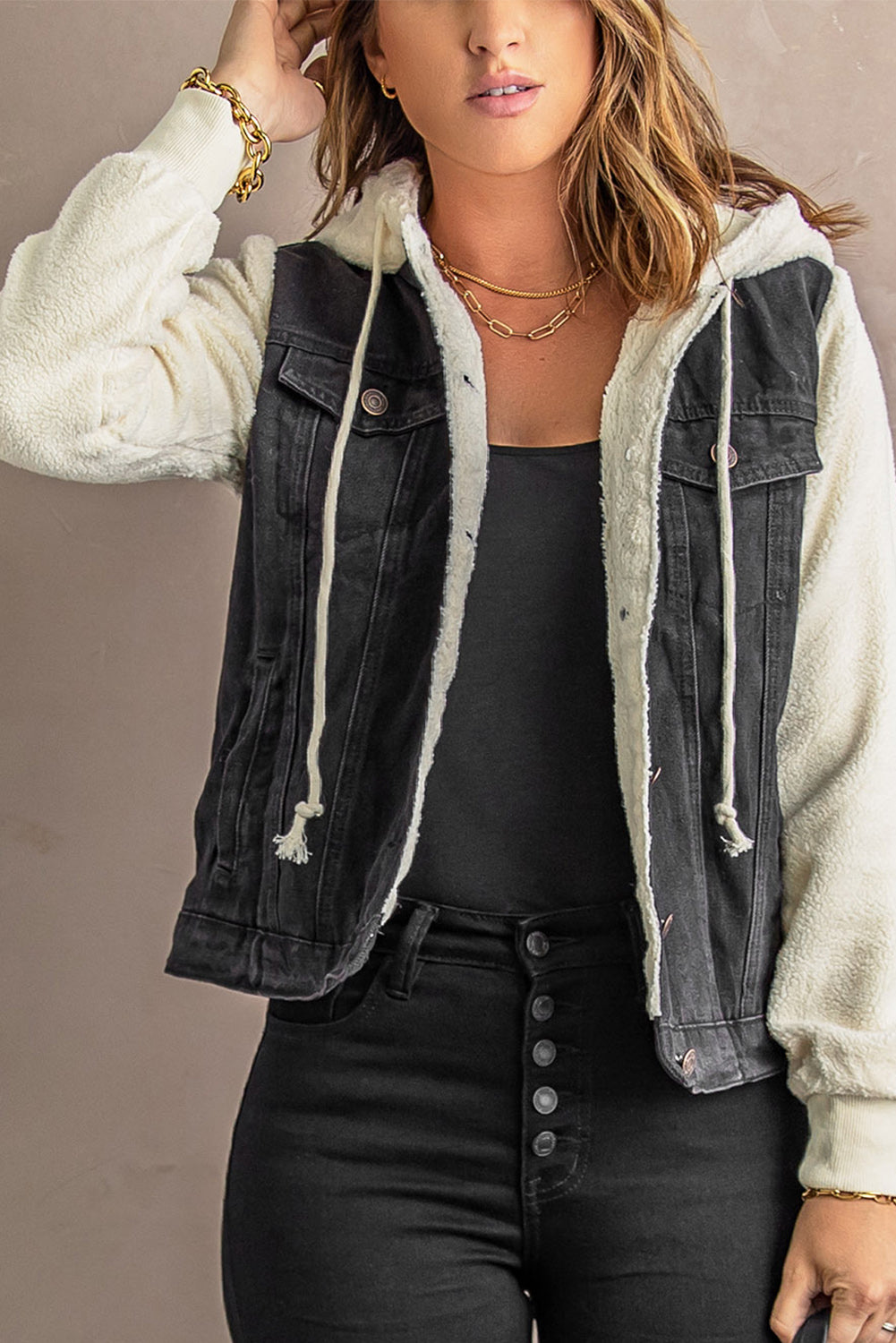 Two-Tone Spliced Denim Sherpa Hooded Jacket Print on any thing USA/STOD clothes
