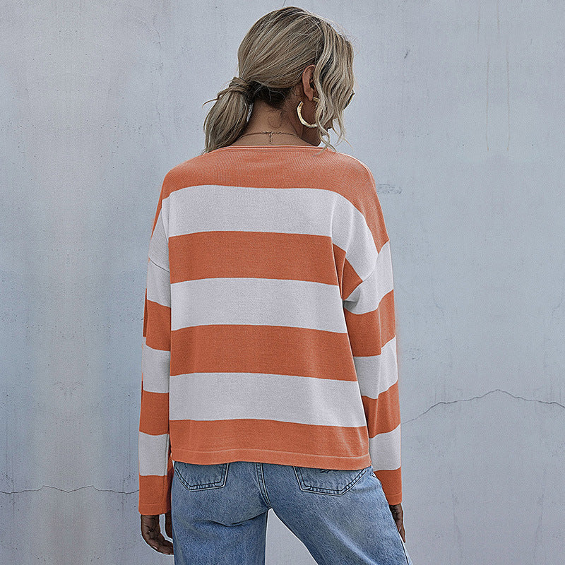 Women's loose round neck long sleeve knitted striped sweatshirt