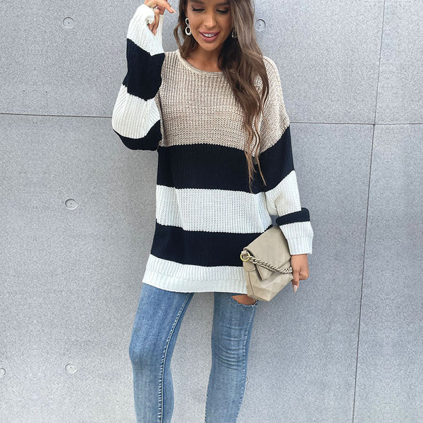 Women's mid-length striped round neck knitted sweater