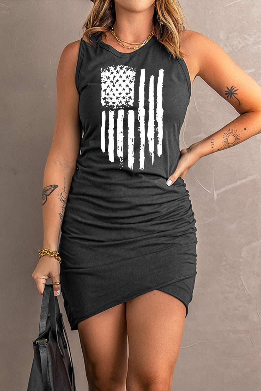US Flag Graphic Tulip Hem Ruched Sleeveless Dress Print on any thing USA/STOD clothes