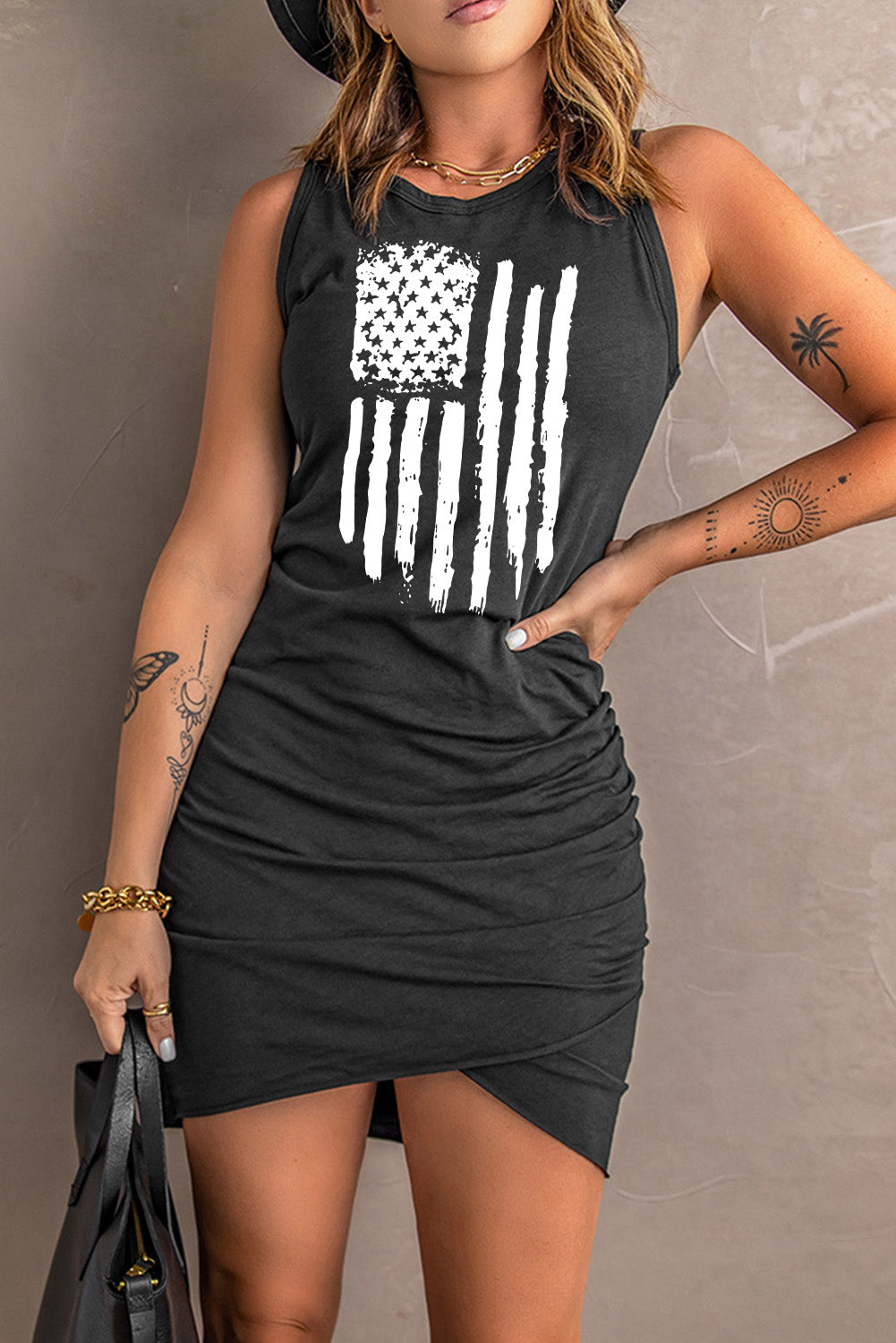 US Flag Graphic Tulip Hem Ruched Sleeveless Dress Print on any thing USA/STOD clothes
