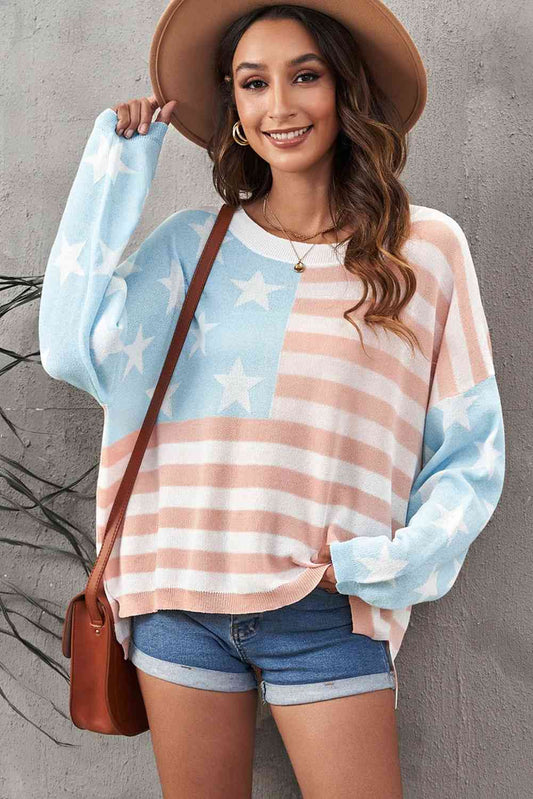 US Flag Side Slit Drop Shoulder Knit Pullover Print on any thing USA/STOD clothes