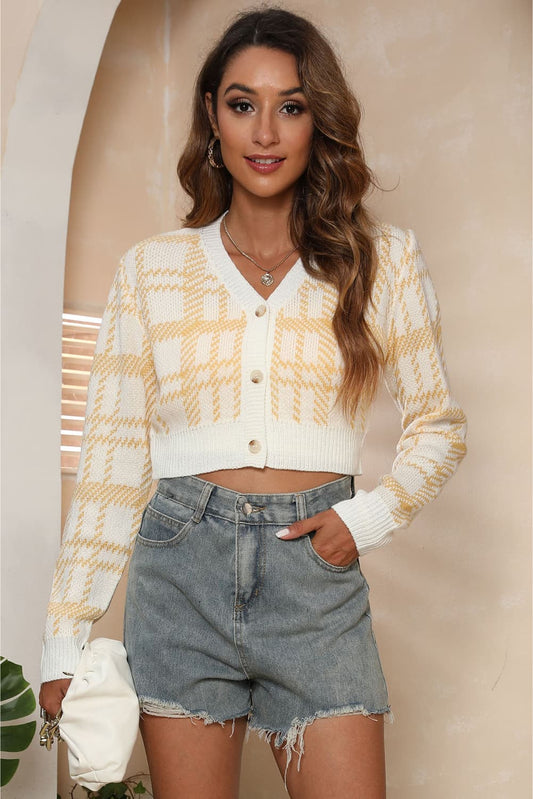 V-Neck Cropped Button-Up Cardigan Print on any thing USA/STOD clothes
