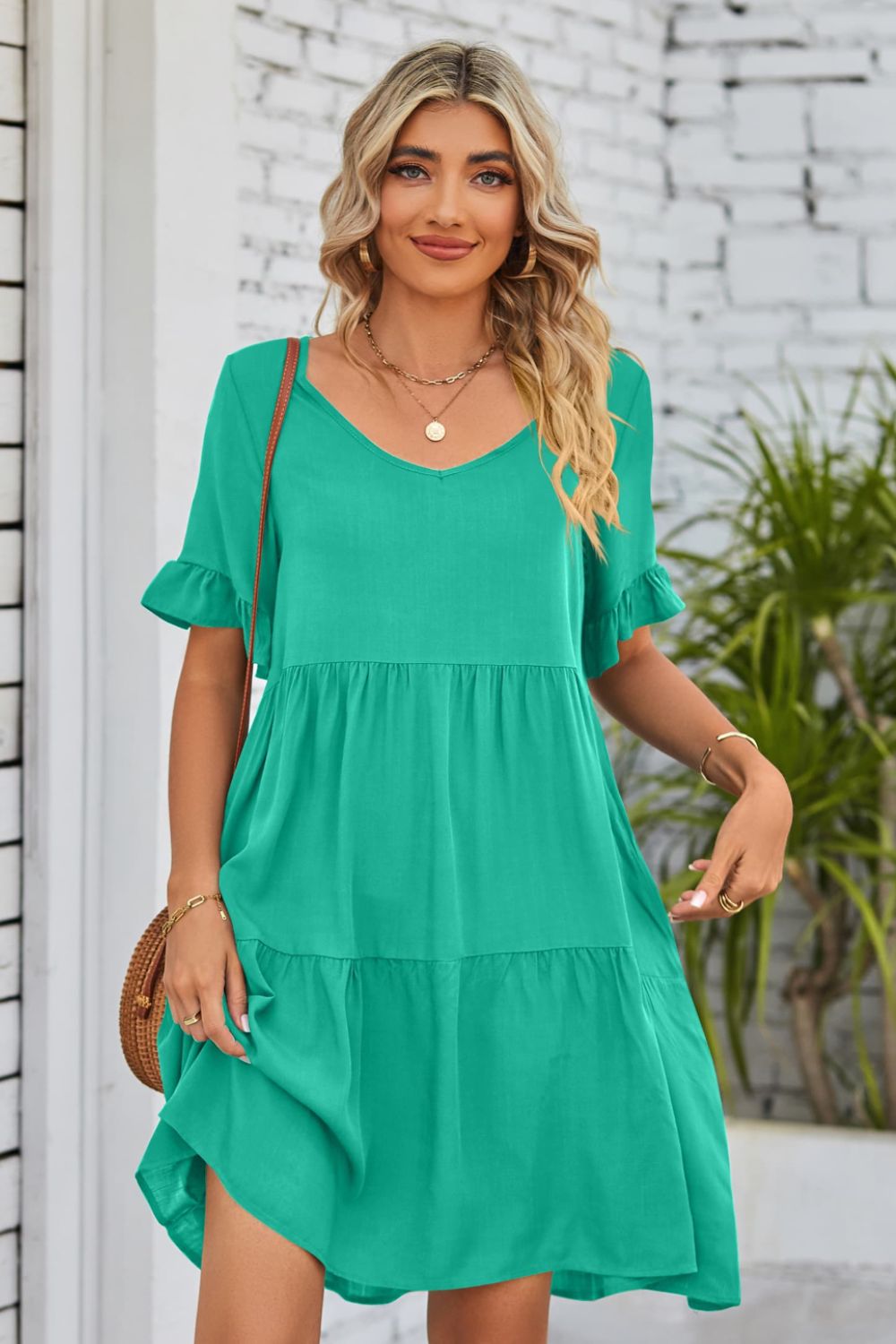 V-Neck Flounce Sleeve Tiered Dress Print on any thing USA/STOD clothes