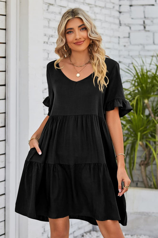 V-Neck Flounce Sleeve Tiered Dress Print on any thing USA/STOD clothes