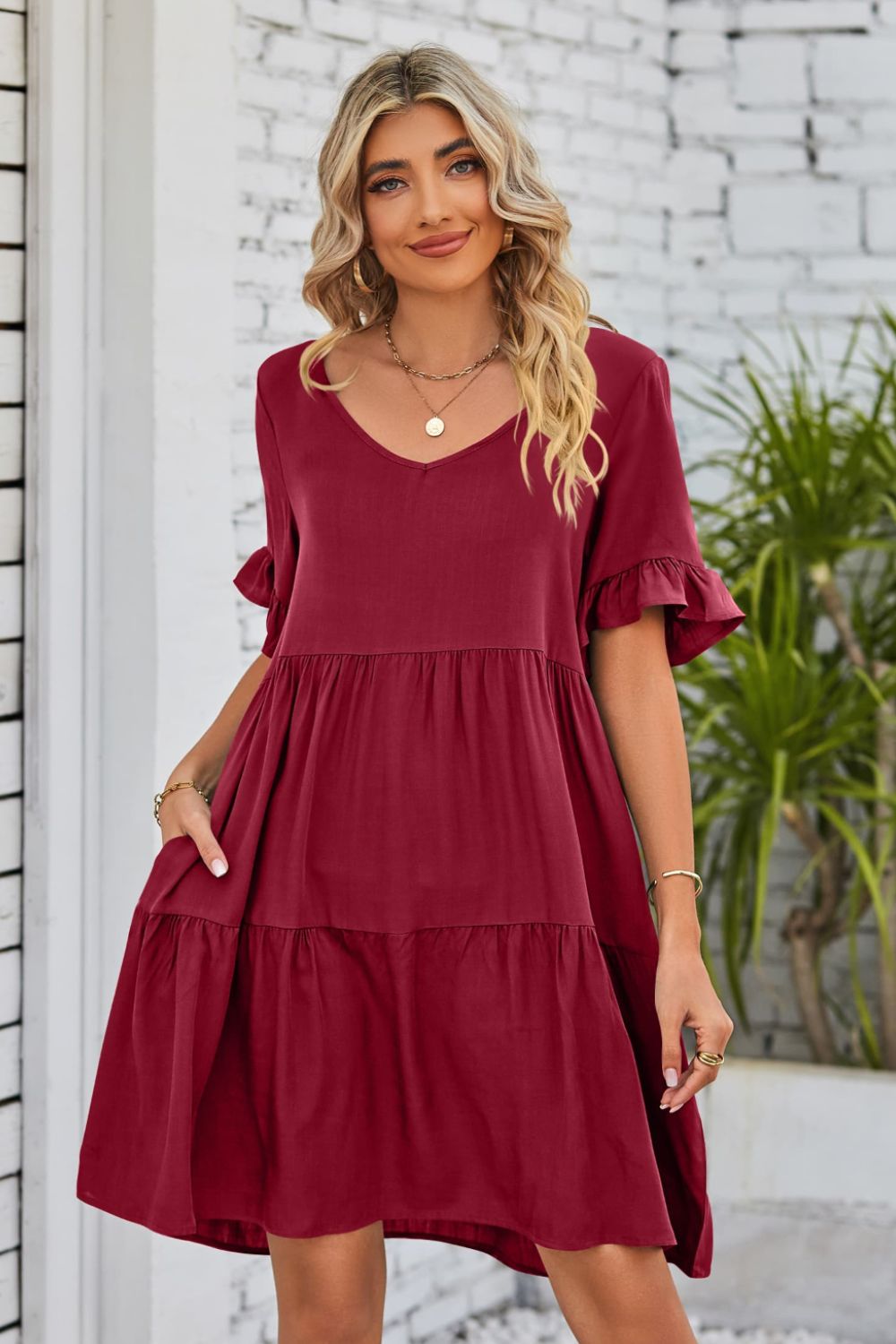 V-Neck Flounce Sleeve Tiered Dress Print on any thing USA/STOD clothes
