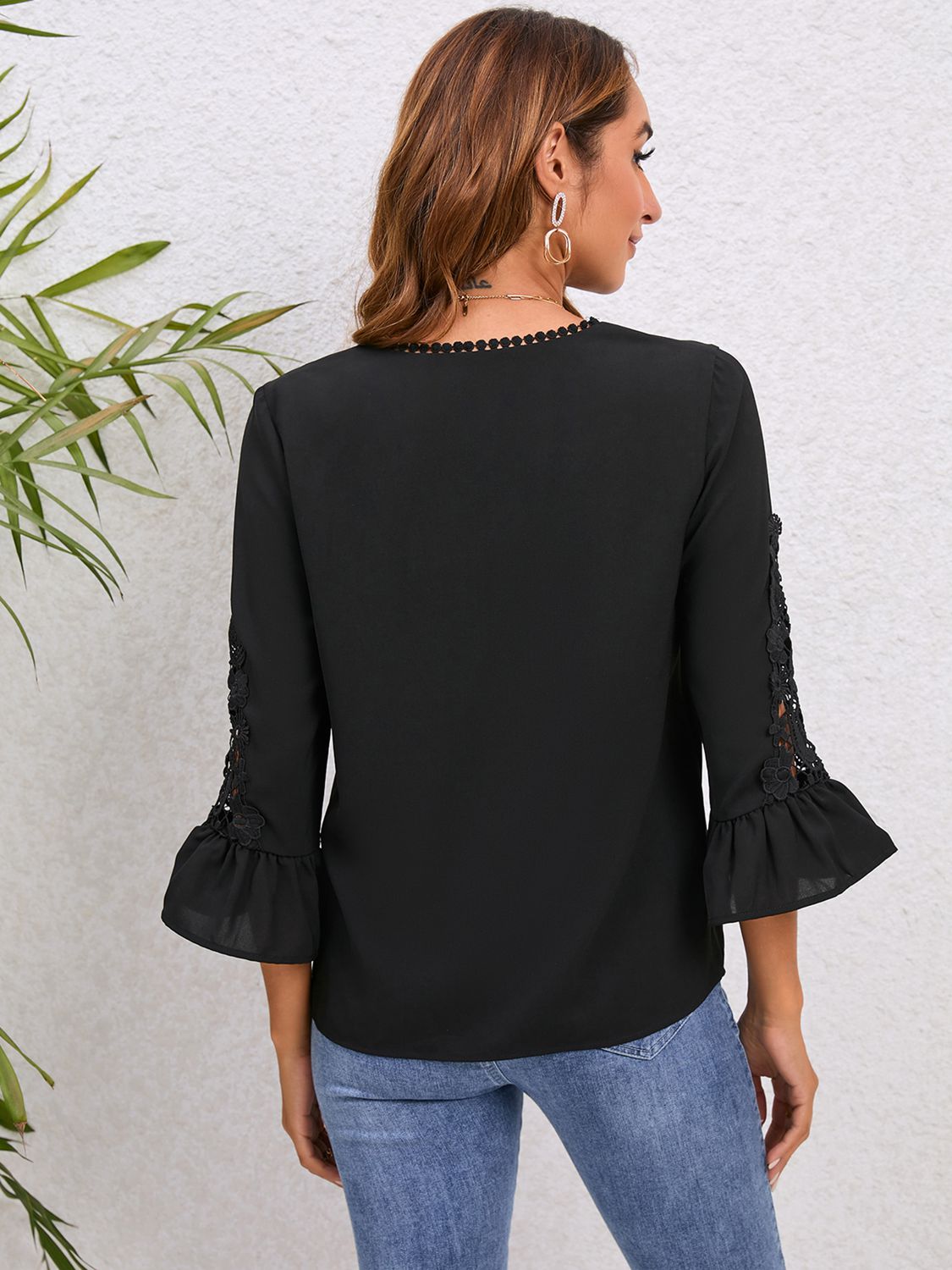 V-Neck Lace Detail Flounce Sleeve Blouse Print on any thing USA/STOD clothes