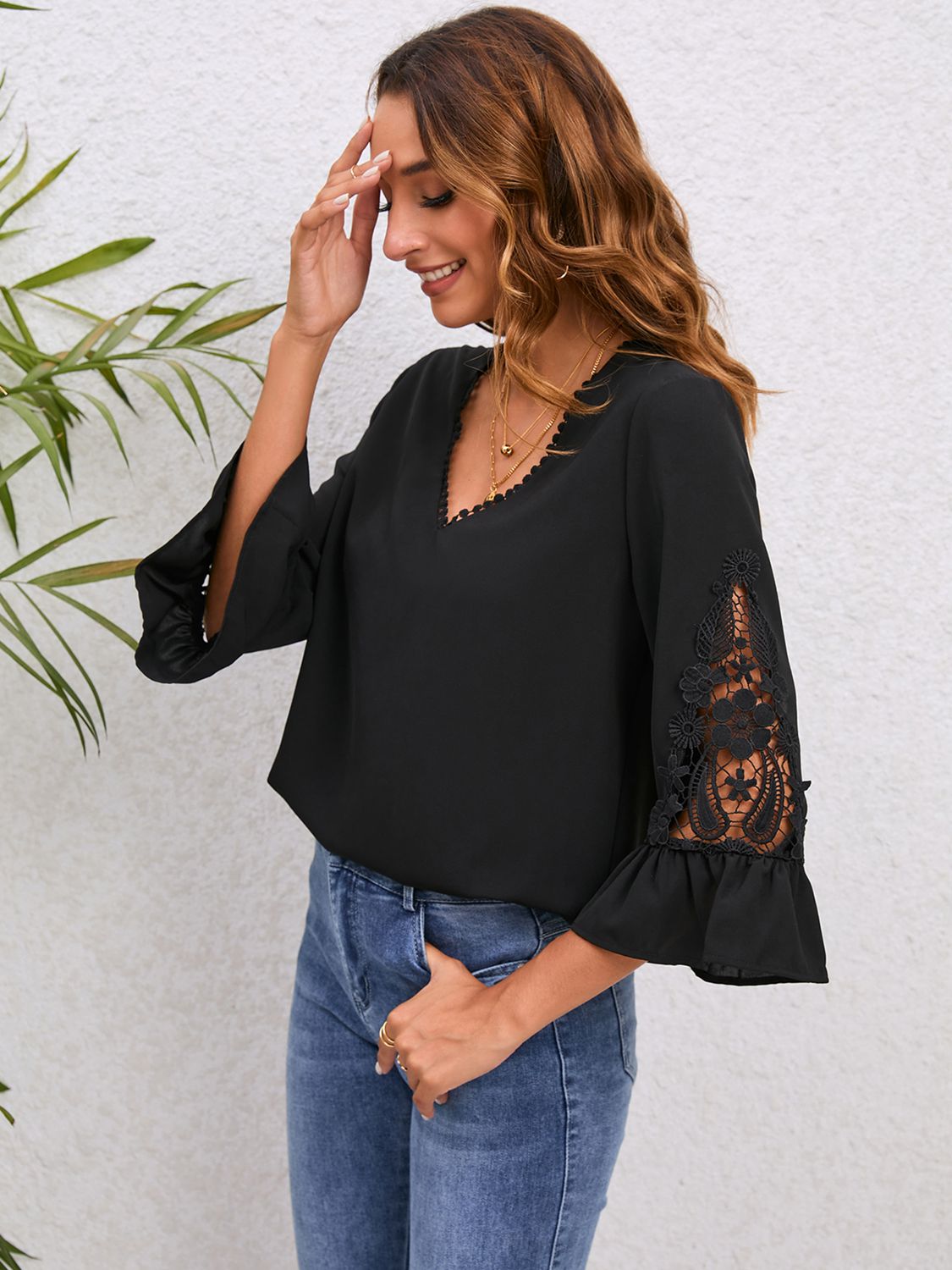 V-Neck Lace Detail Flounce Sleeve Blouse Print on any thing USA/STOD clothes