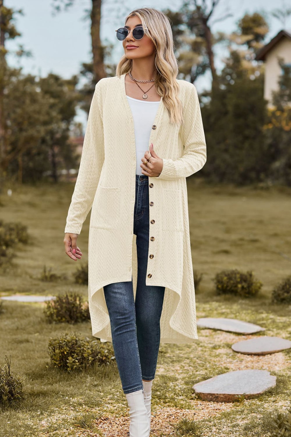 V-Neck Long Sleeve Cardigan with Pocket Print on any thing USA/STOD clothes
