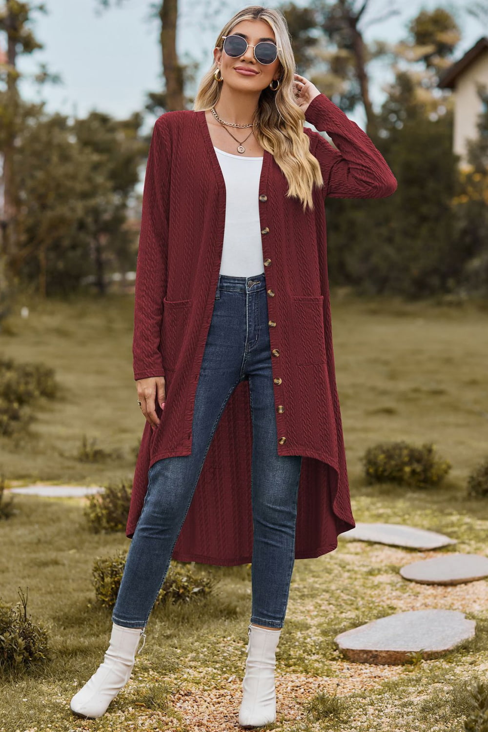 V-Neck Long Sleeve Cardigan with Pocket Print on any thing USA/STOD clothes