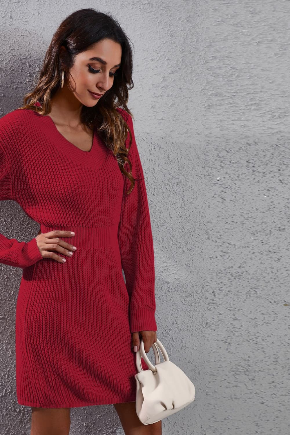 V-Neck Long Sleeve Rib-Knit Sweater Dress Print on any thing USA/STOD clothes