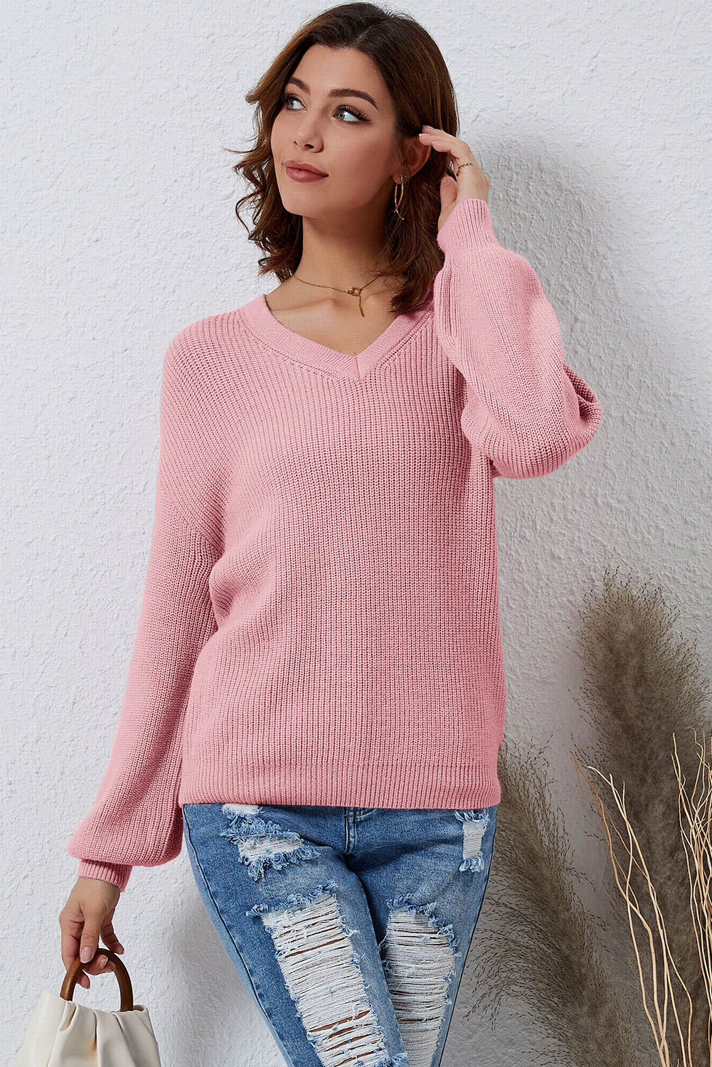 V-Neck Ribbed Dropped Shoulder Sweater Print on any thing USA/STOD clothes