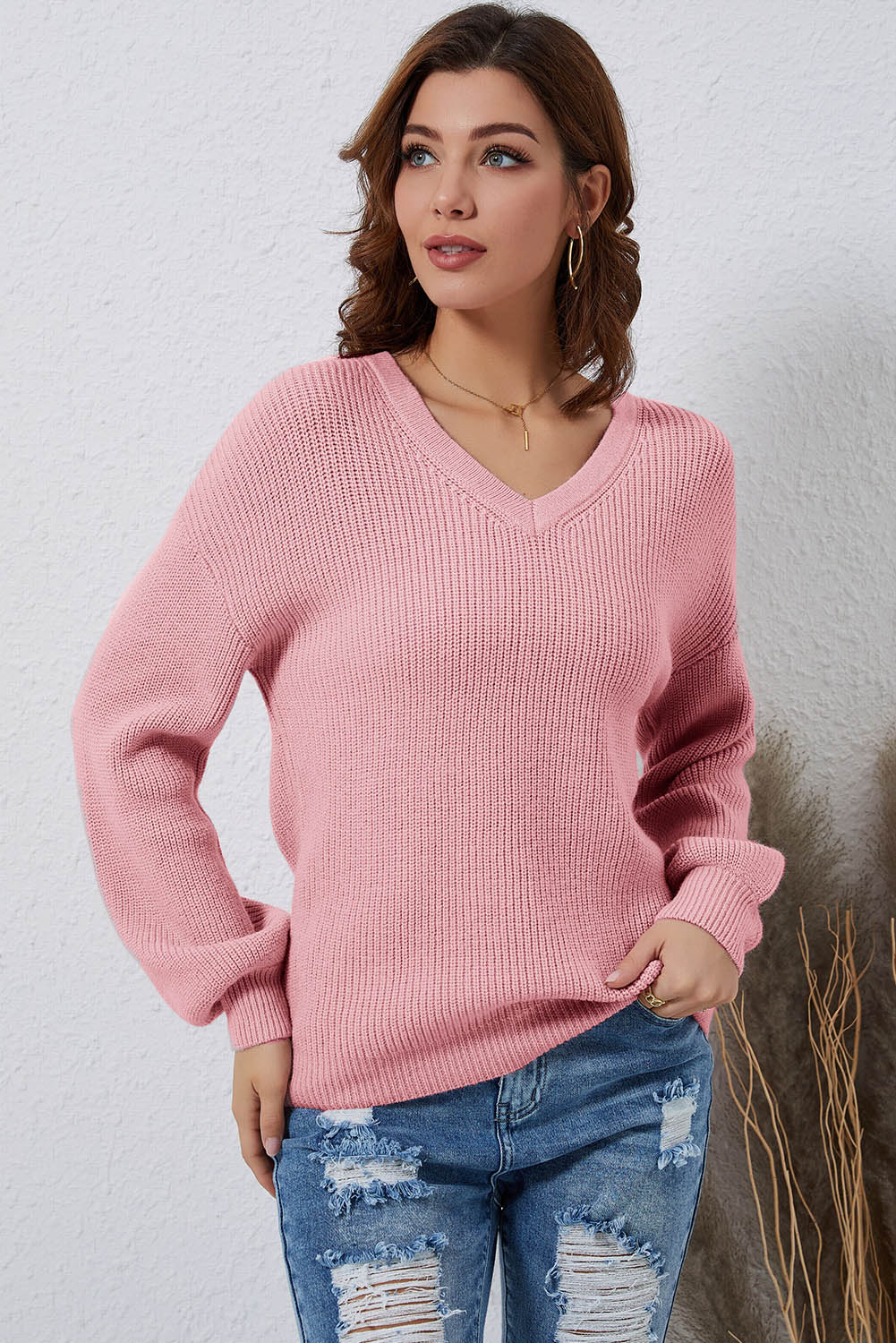V-Neck Ribbed Dropped Shoulder Sweater Print on any thing USA/STOD clothes