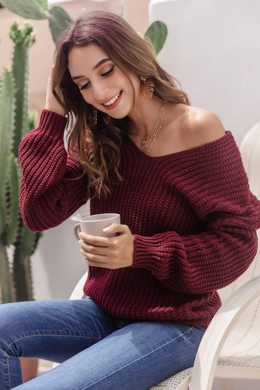 V-Neck Ribbed Knit Sweater Print on any thing USA/STOD clothes