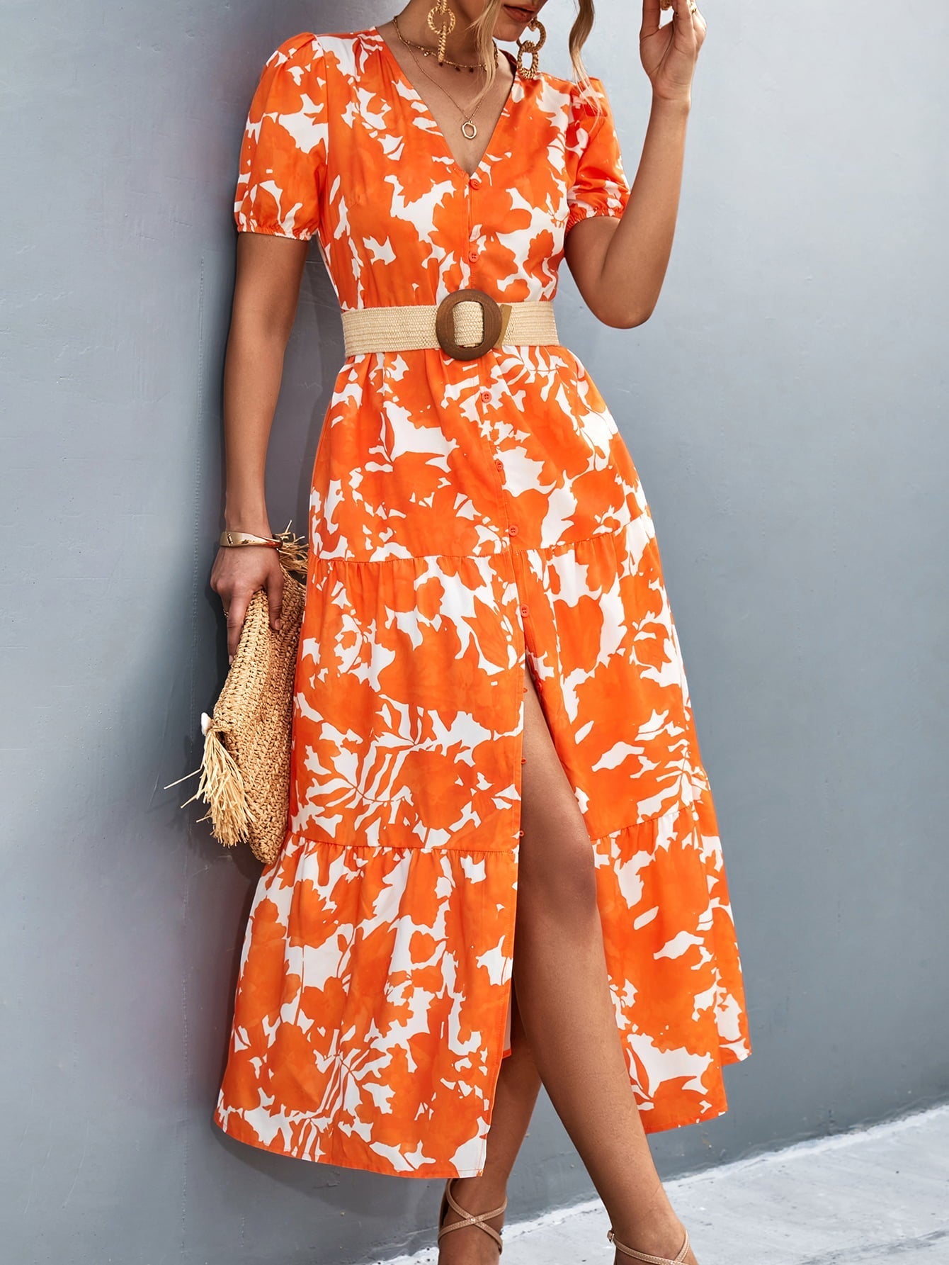 V-Neck Short Sleeve High Slit Midi Dress Print on any thing USA/STOD clothes