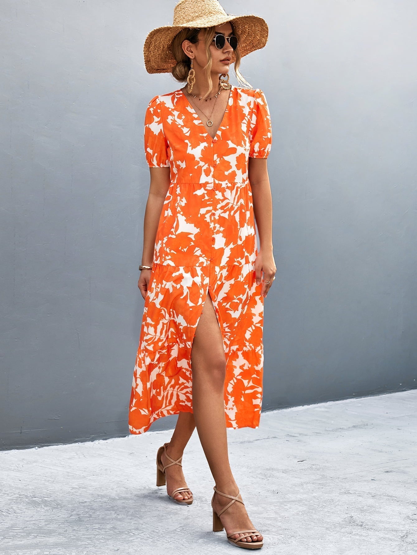 V-Neck Short Sleeve High Slit Midi Dress Print on any thing USA/STOD clothes