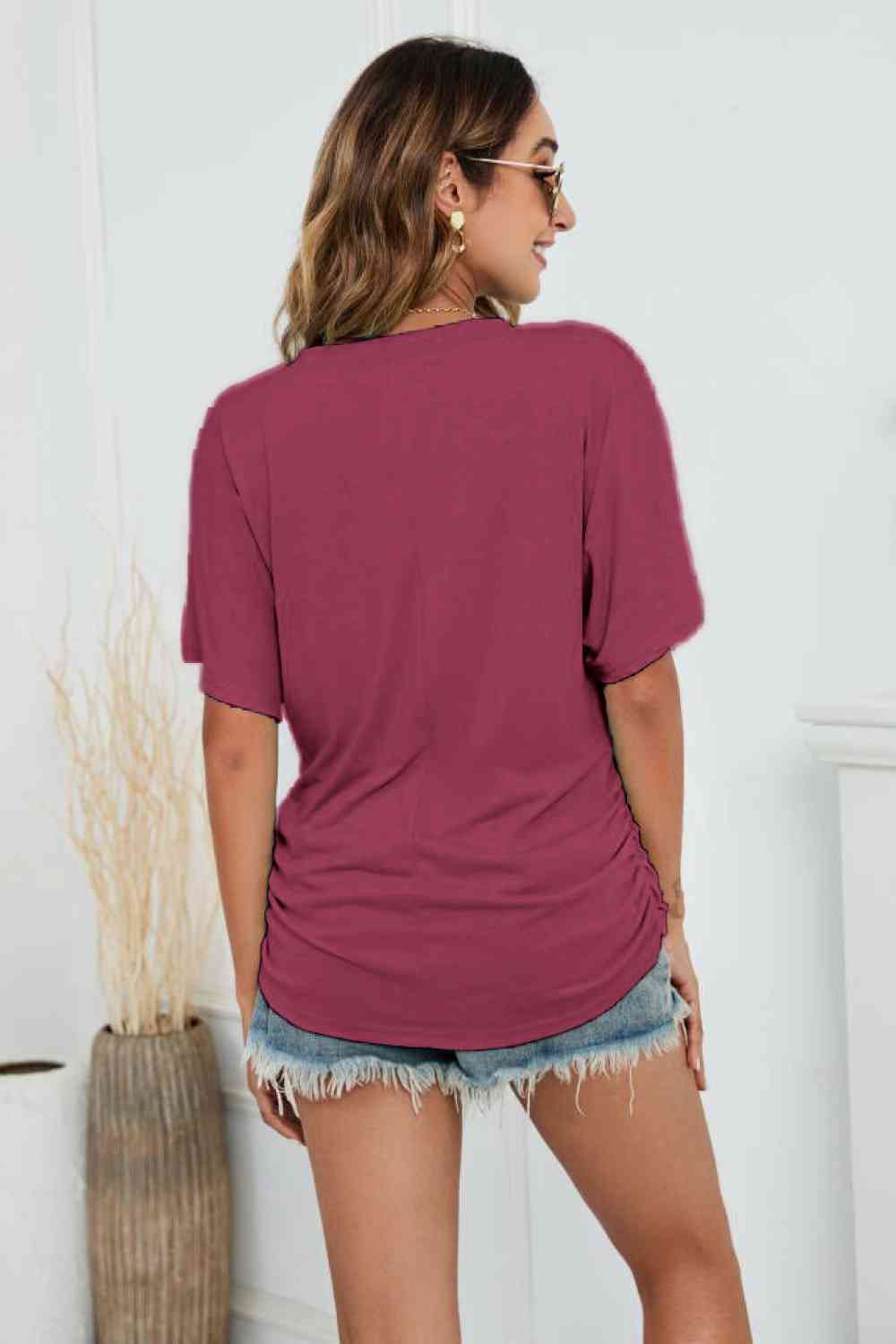 V-Neck Side Ruched Tee Print on any thing USA/STOD clothes