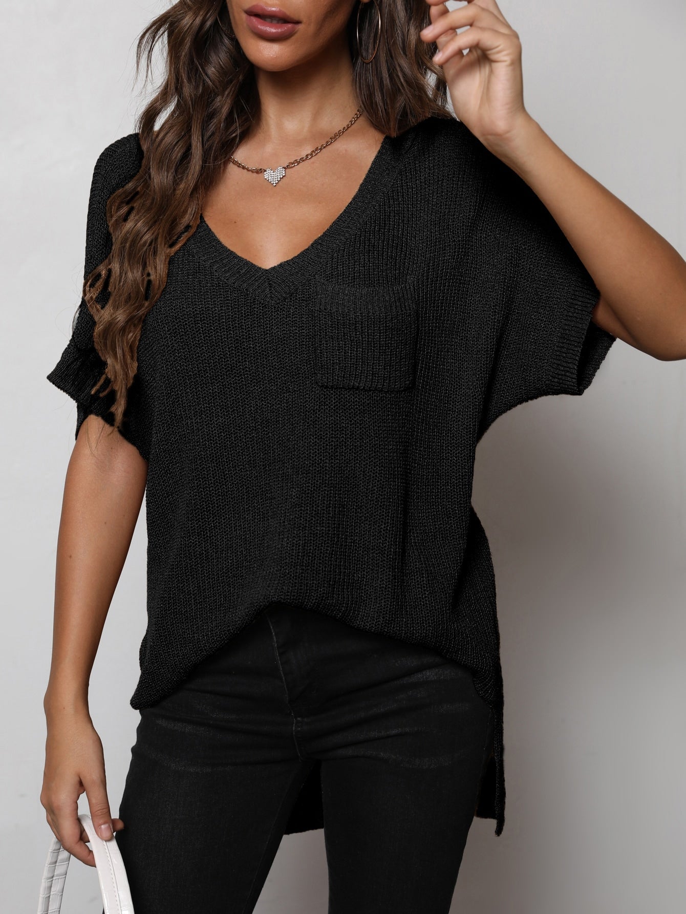 V-Neck Slit High-Low Knit Top Print on any thing USA/STOD clothes