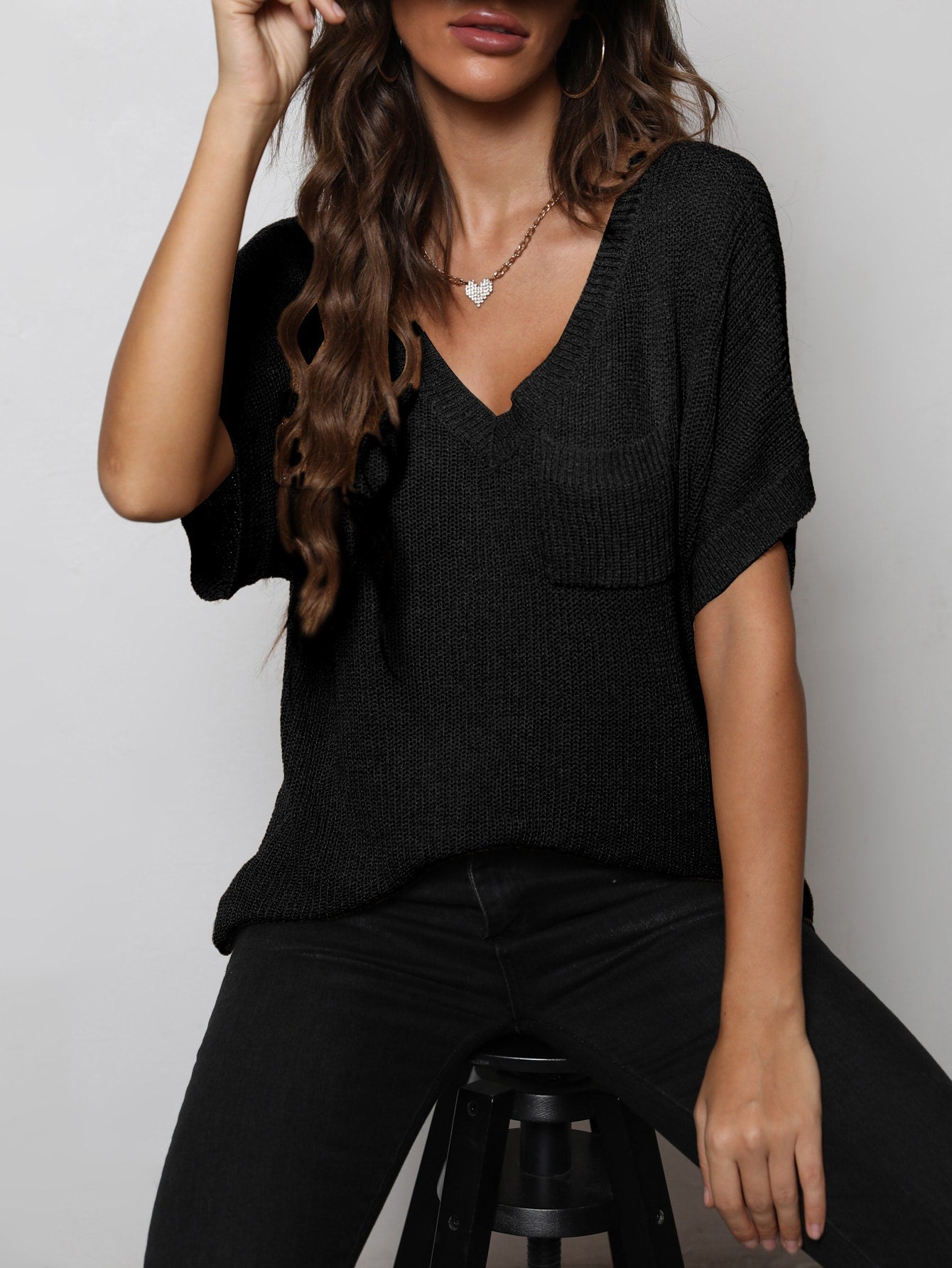 V-Neck Slit High-Low Knit Top Print on any thing USA/STOD clothes